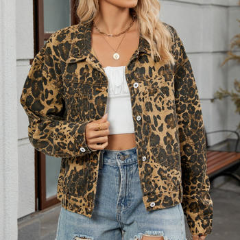 stylish non-stretch leopard print all-match denim jacket