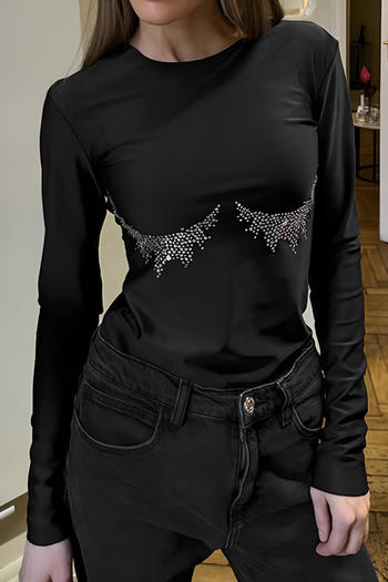 stylish slight stretch rhinestone decor long sleeve slim all-match top