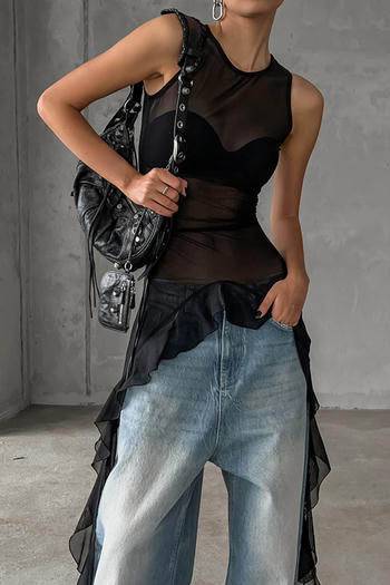 sexy slight stretch crew neck see-through mesh ruffle tank top