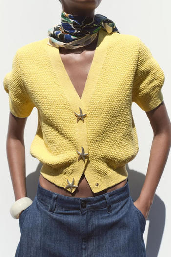 casual slight stretch ribbed knit star button sweaters