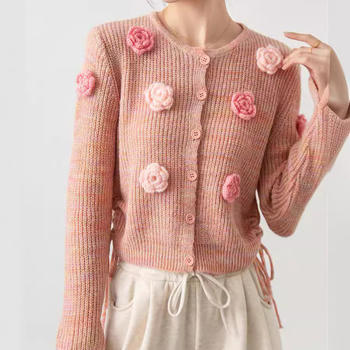 casual slight stretch ribbed knit flower decor crew neck sweaters
