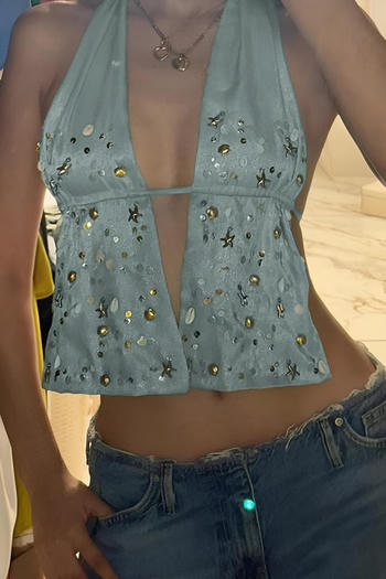 sexy non-stretch halter neck large backless sequins shell decor vest