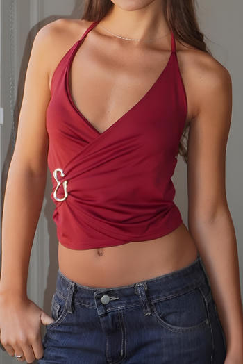 stylish slight stretch solid color metal decor halter-neck lace-up vest