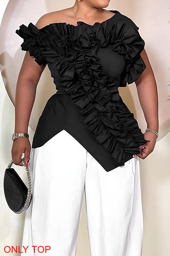 exquisite slight stretch solid color one-shoulder irregular ruffled decor top