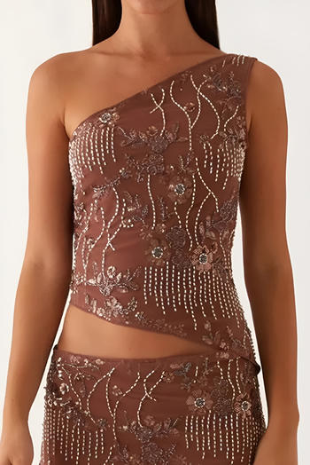 stylish slight stretch one shoulder slim fit sequins beads decor vest