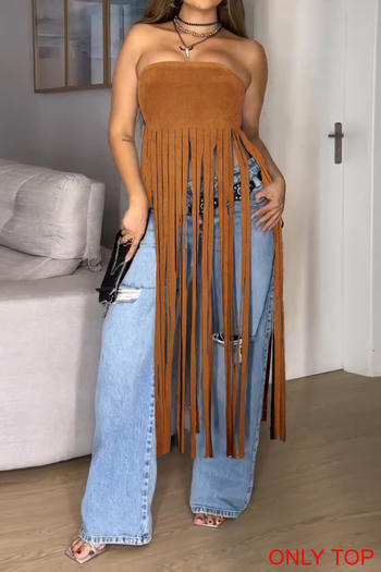 stylish plus size slight stretch solid color suedette tassel top