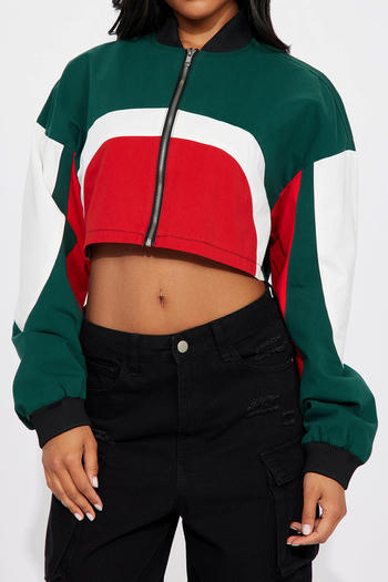 casual plus size slight stretch letter print contrast color crop jacket