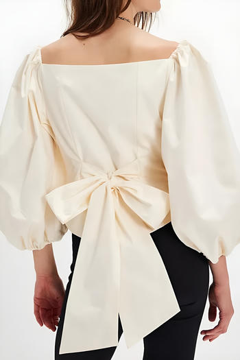 casual non-stretch solid color pleated bow-decor cotton crop top