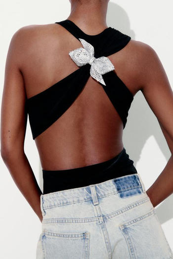 sexy slight stretch backless rhinestone bow decor bodysuit