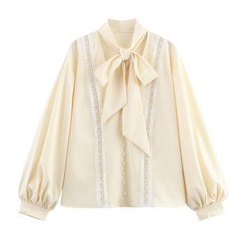 casual non-stretch lace trim decor lace-up blouses