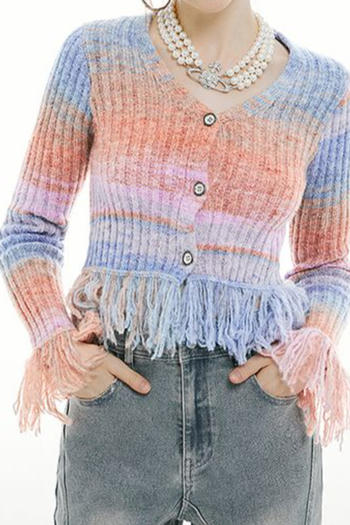 casual slight stretch ribbed knit gradient color v-neck tassels sweaters