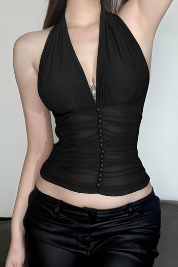 sexy slight stretch see through mesh stitching v-neck halter-neck crop vest