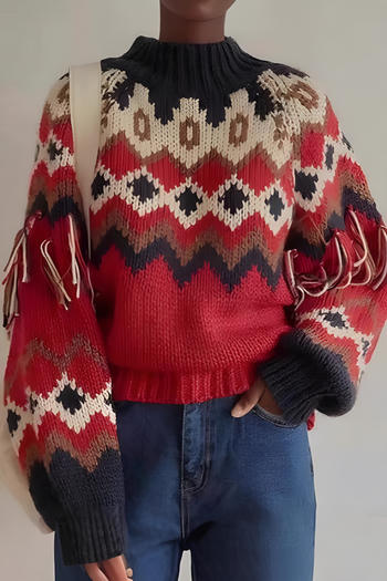 christmas stylish slight stretch color-block knitted tassel sweater
