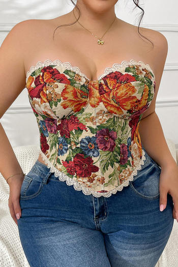 sexy plus size non-stretch tight retro print lace-up backless vest