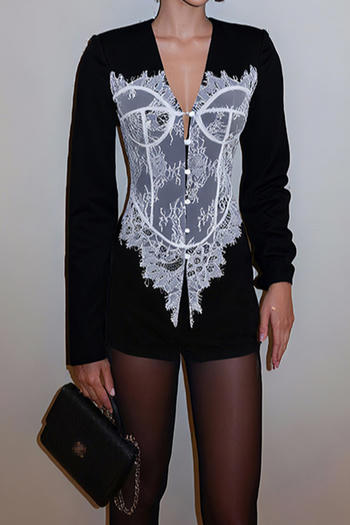 exquisite non-stretch stitching lace v-neck top