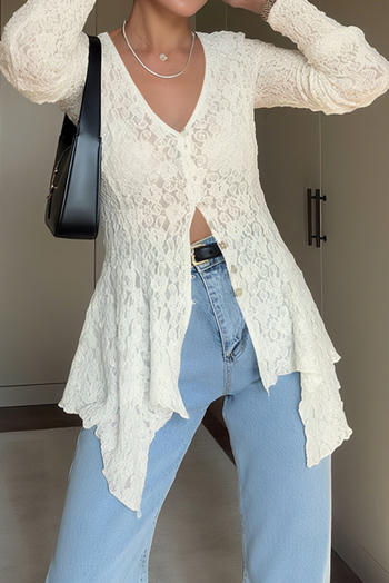 exquisite slight stretch lace v-neck solid color top