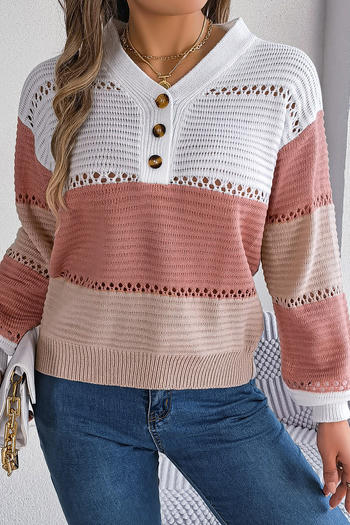 casual slight stretch cut out color-block knitted v-neck button sweater