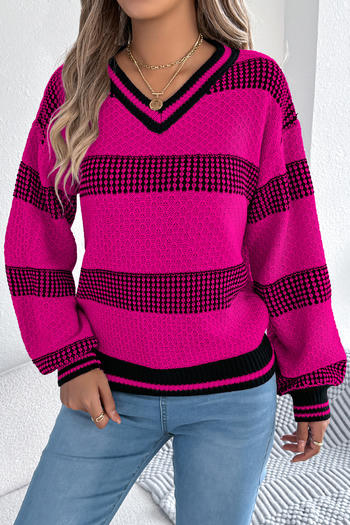 stylish slight stretch color-block knitted v-neck lantern sleeve sweater