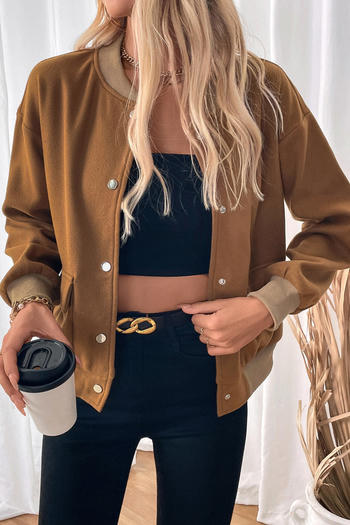 casual non-stretch crew neck contrast color button jacket