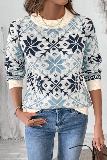 casual slight stretch crew neck ribbed knit snowflake pattern sweaters