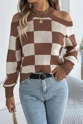 casual slight stretch lattice knitted hollow shoulder all-match sweater
