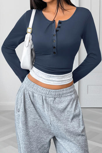 casual slight stretch crew neck contrast color long sleeve top