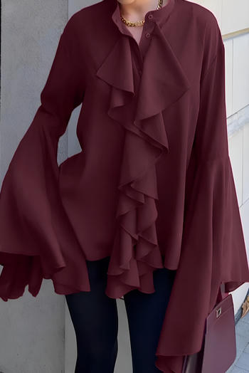 chic elegant non-stretch chiffon ruffle bell-sleeve blouse