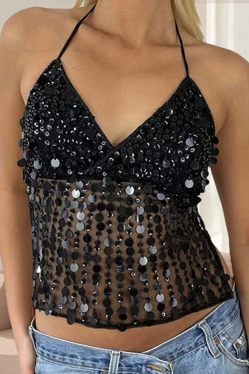sexy slight stretch halter neck see-through large backless sequins decor vest