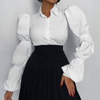 stylish non-stretch pure cotton single-breasted puff-sleeve blouse
