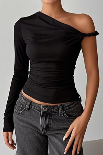 casual slight stretch solid color one-shoulder slim-fit all-match top