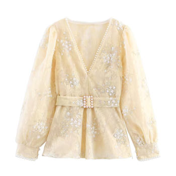 casual non-stretch sequin pearl decor v-neck blouses