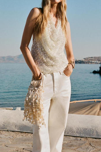 sexy non-stretch halter-neck sequin decor backless tank top