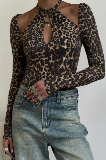 stylish slight stretch hollow leopard print slim long-sleeved top