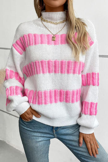 casual slight stretch high collar striped all-match knitted sweater