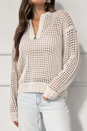 casual slight stretch solid color knitted hollow zip-up all-match sweaters