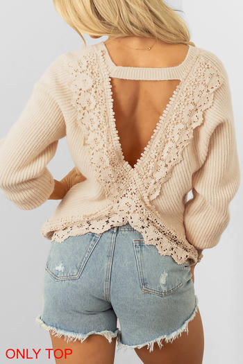 casual slight stretch lace patchwork backless knitted  all-match sweaters