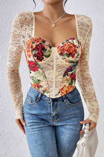 sexy slight stretch see-through lace splicing tight lace-up top with underwire