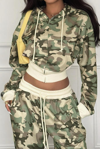 casual slight stretch camo print patchwork hooded zip-up cardigan sweatshirt