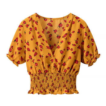 exquisite non-stretch v-neck flower batch printing blouses