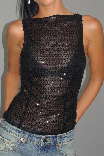 sexy slight stretch see-through mesh sequins slim vest