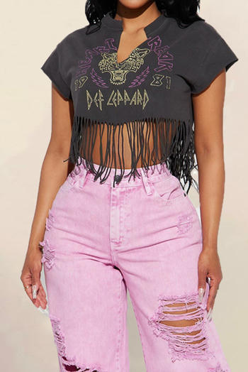 sexy slight stretch 3 colors crew neck fixed printing tassels decor top