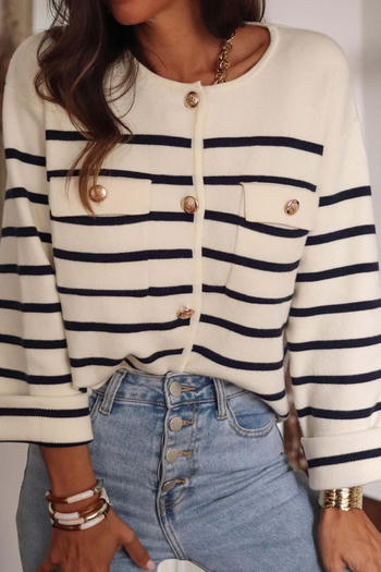 casual slight stretch knitting striped single-breasted cardigan
