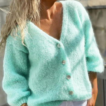 casual slight stretch new v-neck solid color knitted cardigan