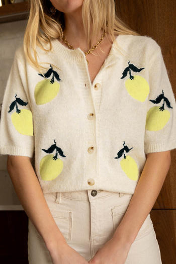 casual slight stretch lemon pattern knitting short sleeve thin sweater