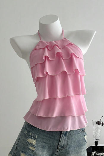 stylish non-stretch solid color halter neck backless layered ruffled vest