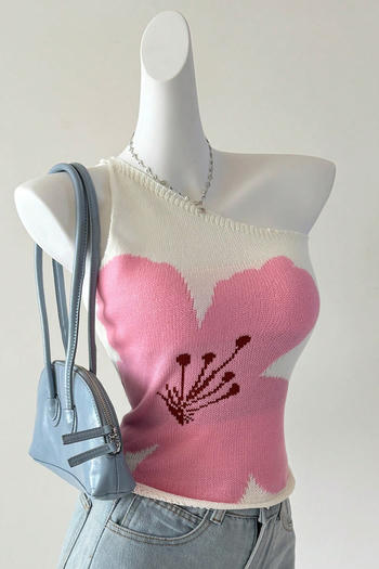 casual slight stretch one-shoulder knitted floral slim-fit all-match vest