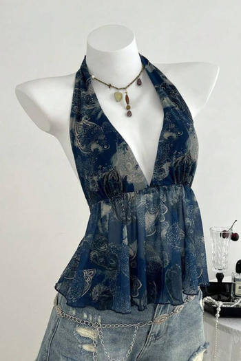 sexy non-stretch mesh printed halter neck deep v large backless vest