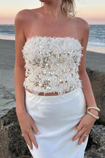 stylish slight stretch slim fit fuzzy sequind crop vest