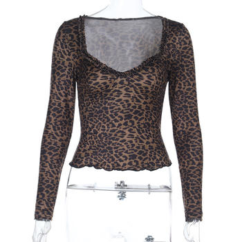 casual slight stretch slim fit leopard print stringy selvedge decor top
