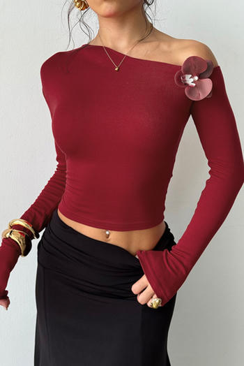 casual slight stretch solid color slim fit flower decor long sleeve t-shirt